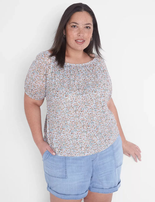 Elastic-Neck Printed Mesh Top
