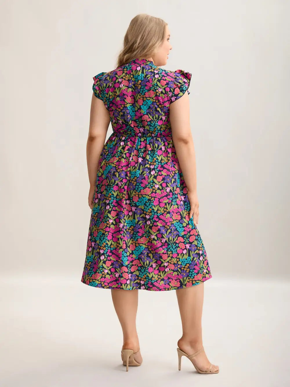 Floral Print Shirred Pockets Midi Dress
