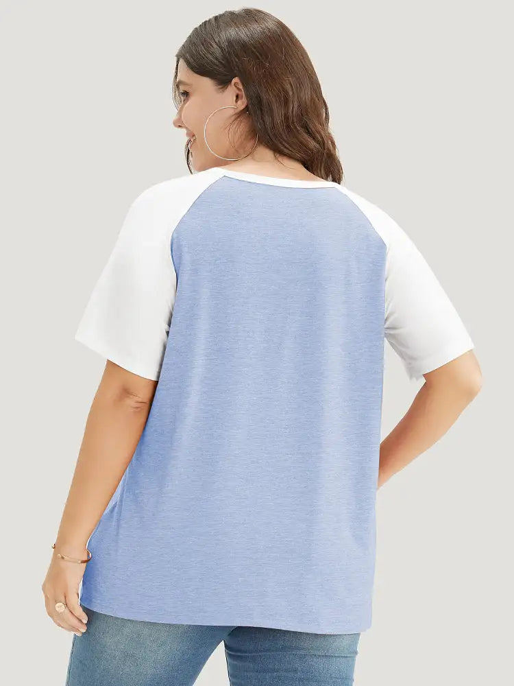 Colorblock Contrast Notched Raglan Sleeve T-shirt