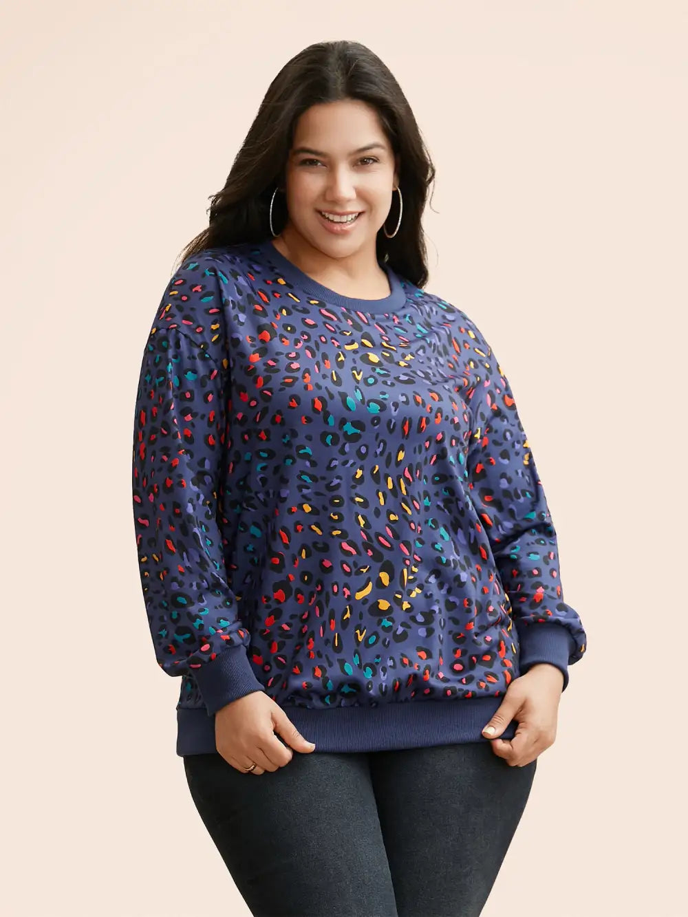 Round Neck Color Leopard Print Sweatshirt