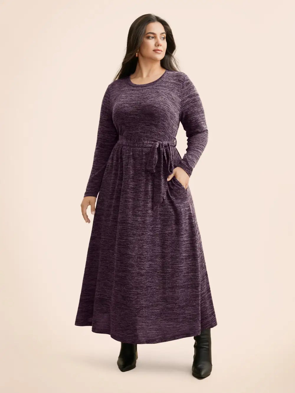Round Neck Heather Belted Dress