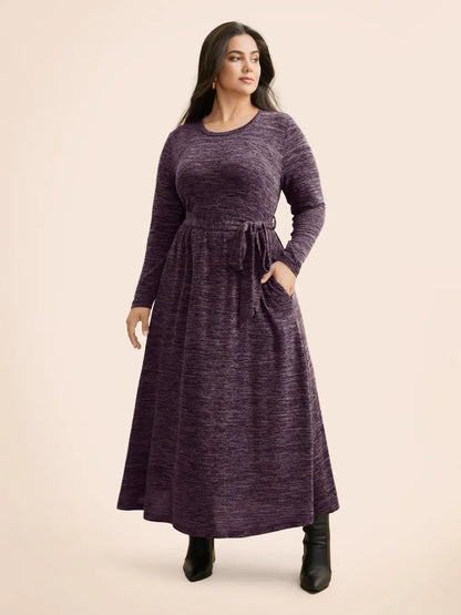 Round Neck Heather Belted Dress