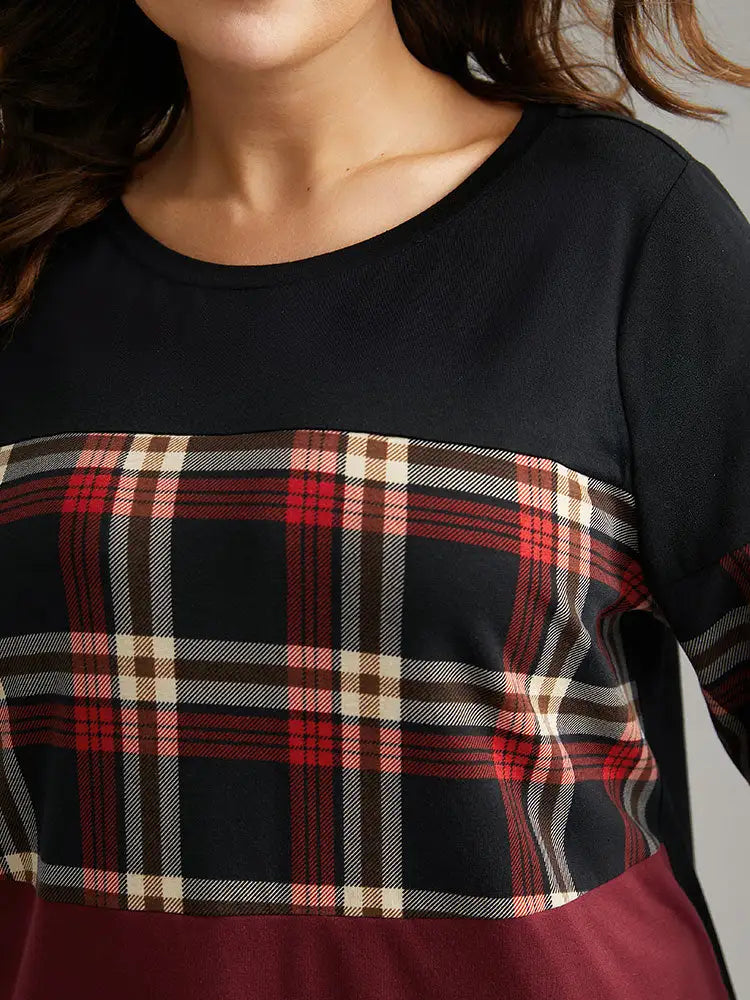 Plaid Contrast Patchwork Round Neck T-Shirt