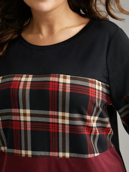 Plaid Contrast Patchwork Round Neck T-Shirt