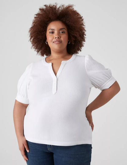 Elbow Puff-Sleeve Henley Rib Tee