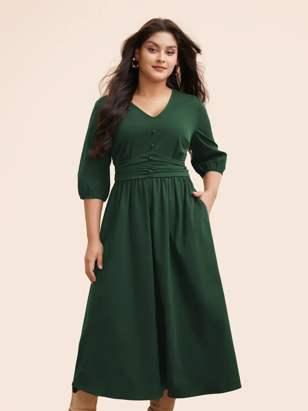 V Neck Shirred Ruched Midi Dress