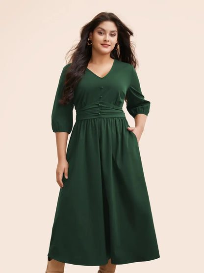 V Neck Shirred Ruched Midi Dress