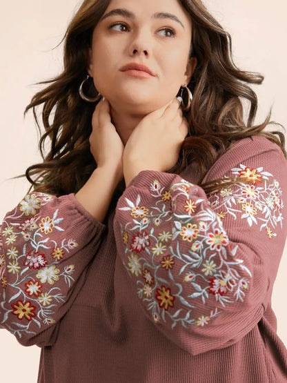 Waffle Knit Floral Embroidered Lantern Sleeve T-Shirt
