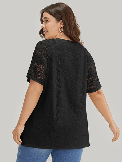 Solid Broderie Anglaise Lace Raglan Sleeve T-shirt