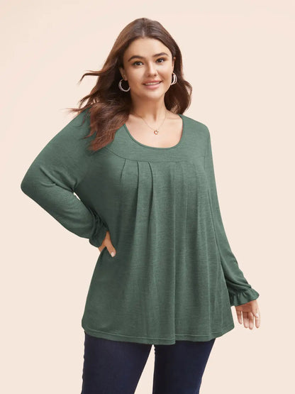 Round Neck Heather Pleated T-Shirt
