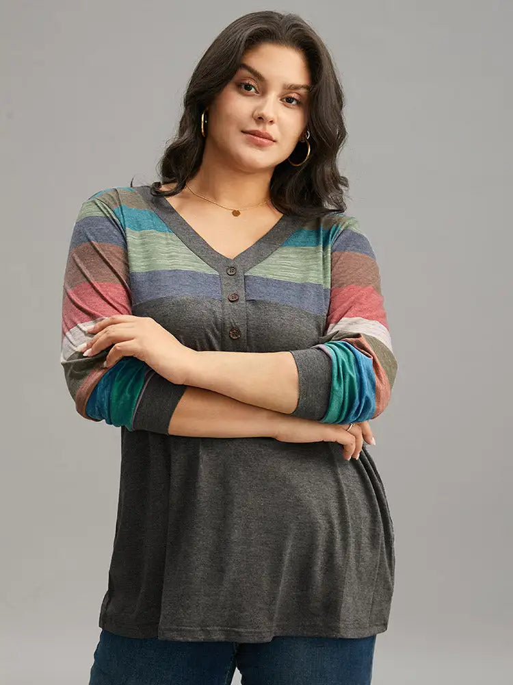 Colorblock Contrast V Neck Button Up T-Shirt
