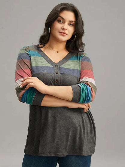 Colorblock Contrast V Neck Button Up T-Shirt