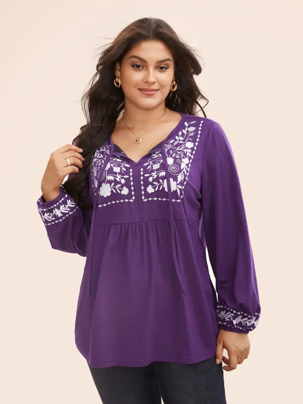 Floral Embroidered Knot Neck Lantern Sleeve T-Shirt