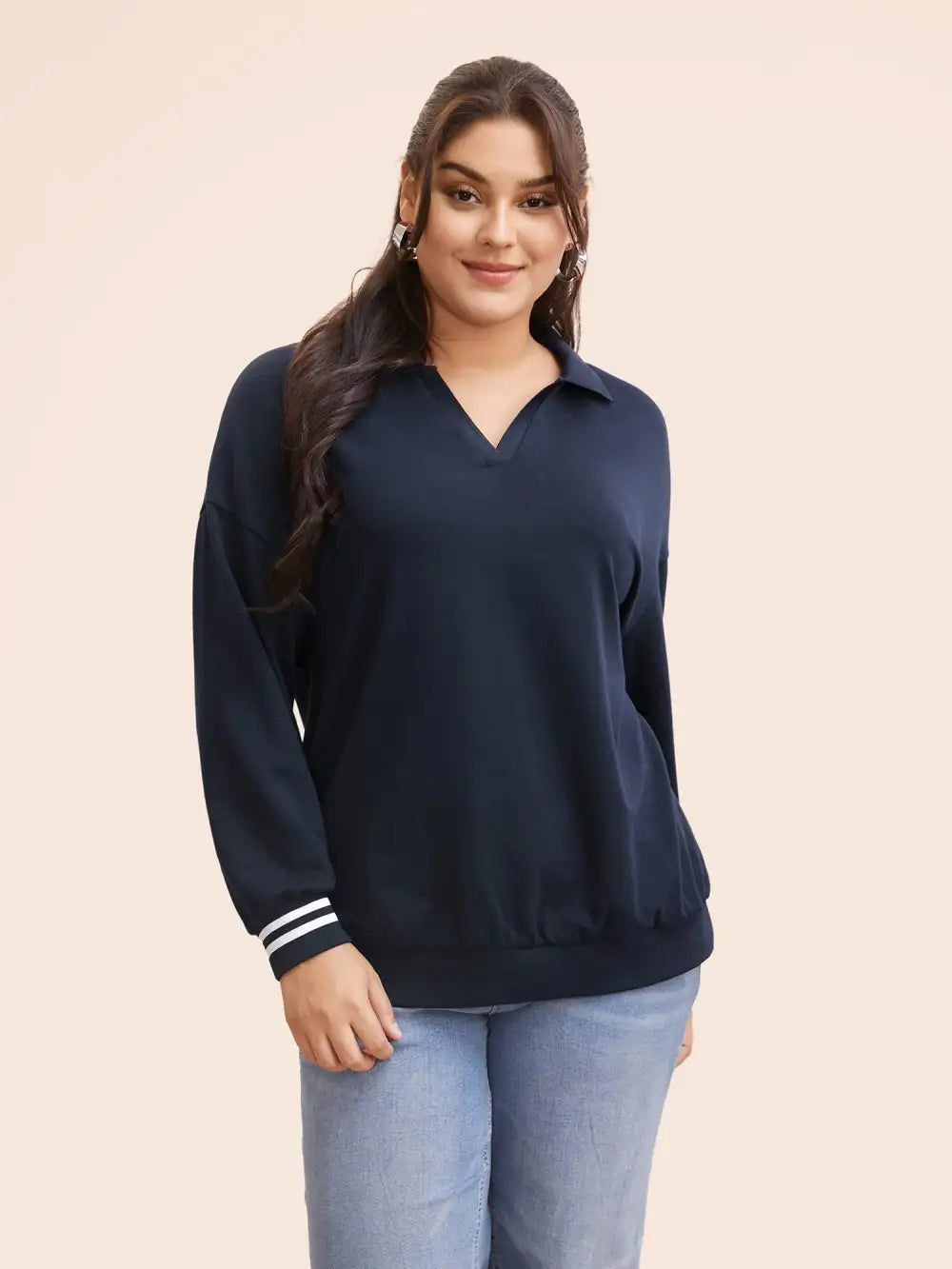 Polo Neck Contrast Trim Drop Shoulder Sweatshirt