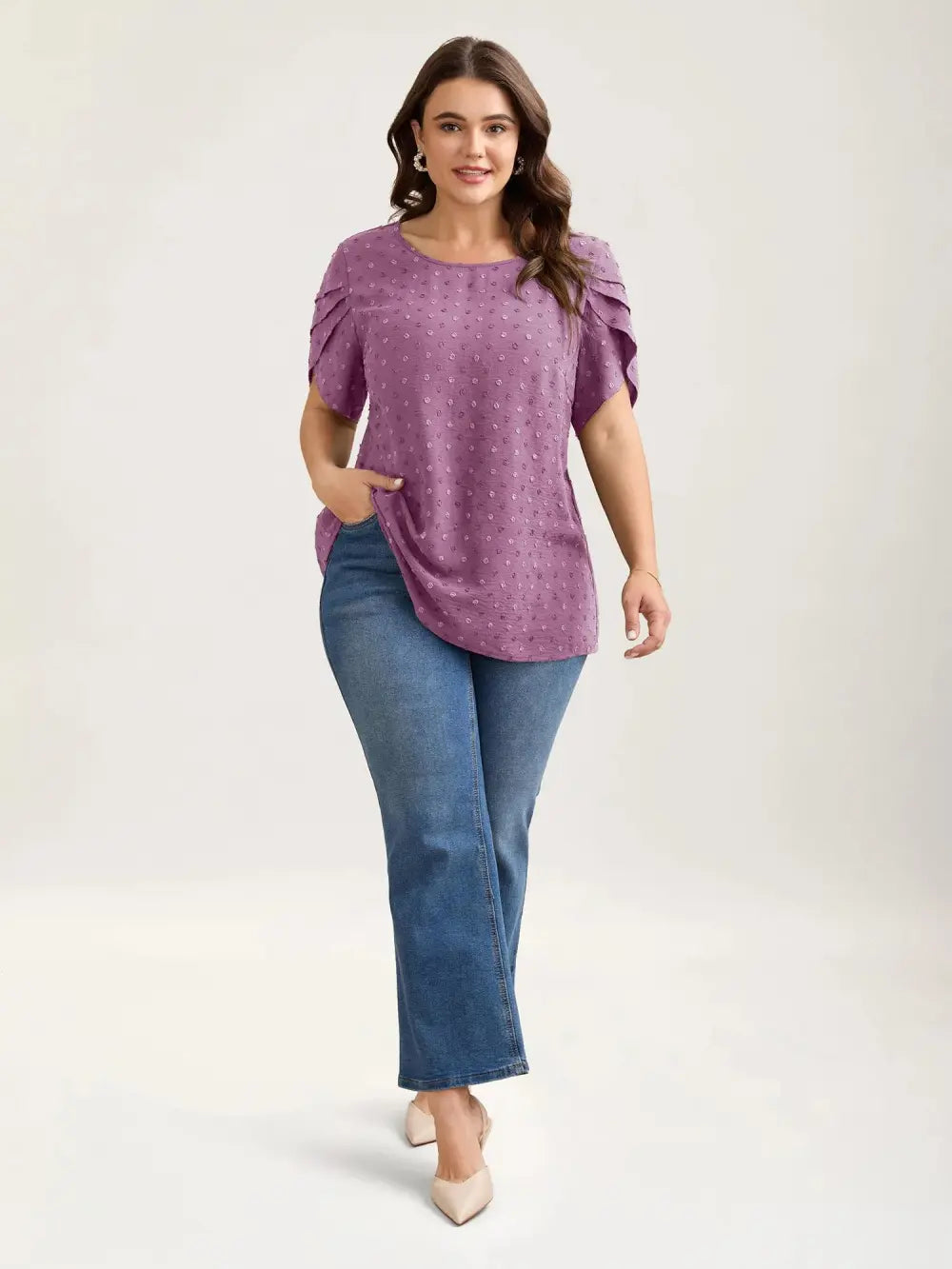 Textured Color Contrast Petal Sleeve Blouse