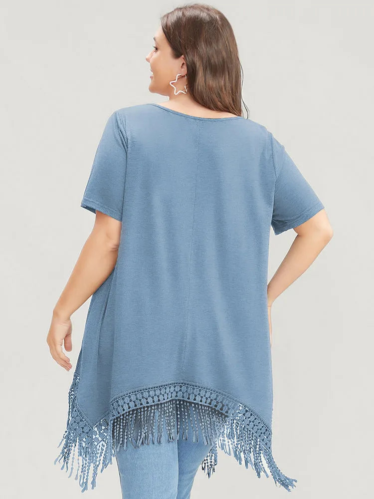 Solid Round Neck Lace Fringe Hem T-shirt