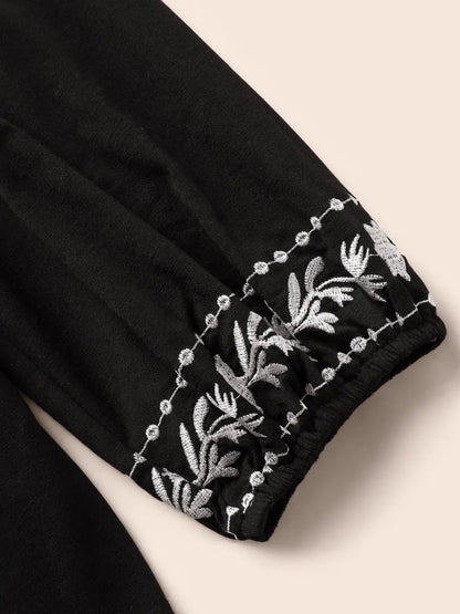 Floral Embroidered Knot Neck Lantern Sleeve T-Shirt