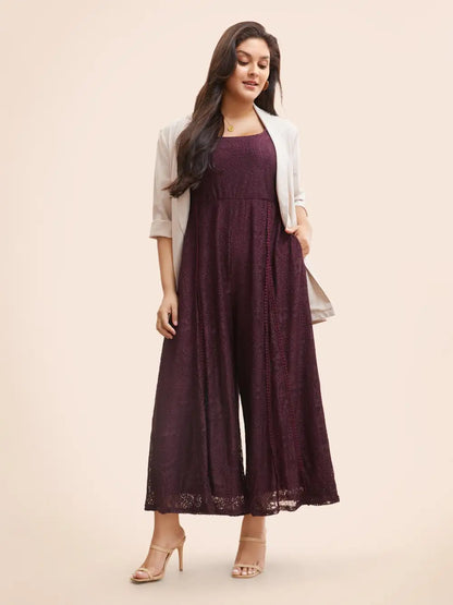 Square Neck Lace Panel Gathered Jumpsuit