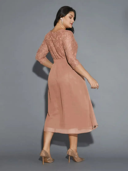 Lace Patchwork Shirred Midi Pocket Dress