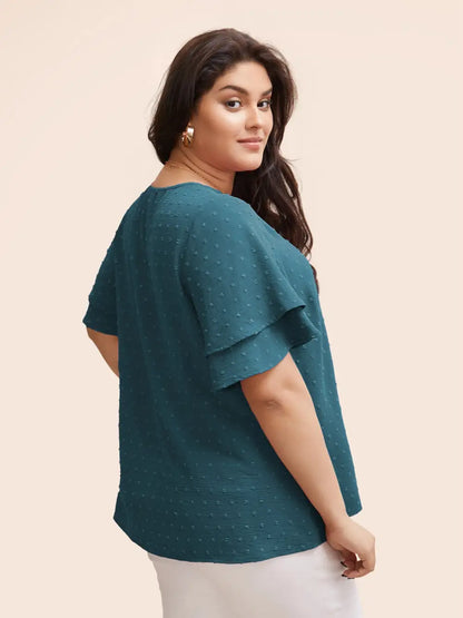 Plain Ruffle Tiered Sleeve V Neck Polka Dot Blouse