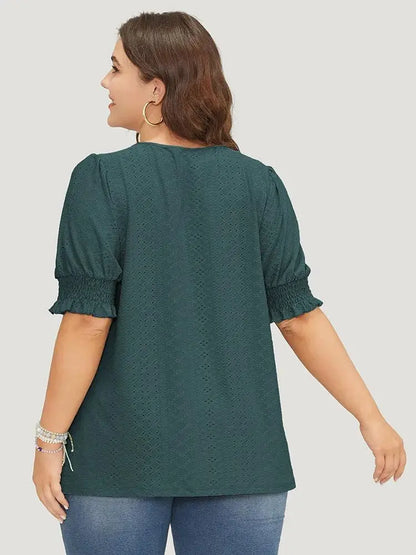 Plain Broderie Anglaise Shirred Puff Sleeve Button Detail T-shirt