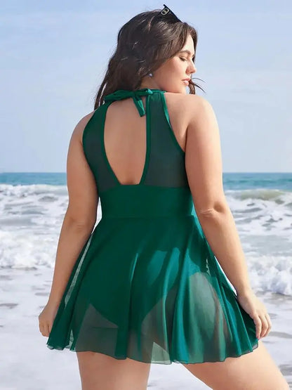 Knotted Back Mesh Insert Halter Swim Dress