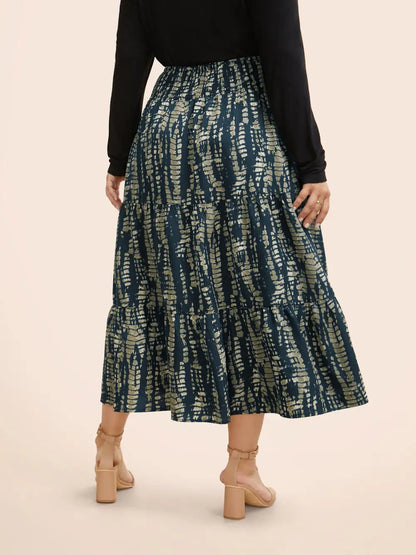 Geometric Shirred Ruffle Layered Hem Skirt