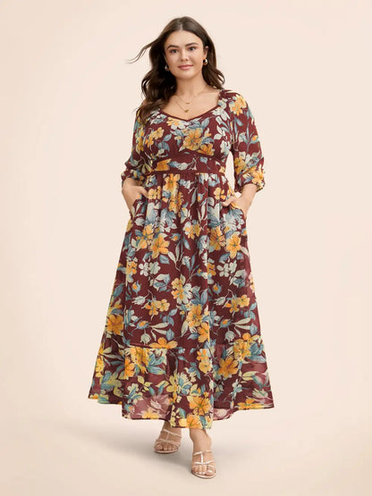Floral Heart Neckline Woven Ribbon Gathered Dress