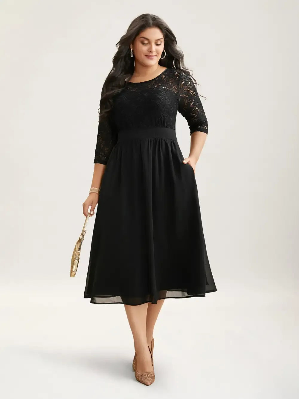 Lace Patchwork Shirred Midi Pocket Dress