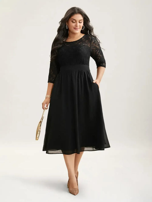 Lace Patchwork Shirred Midi Pocket Dress