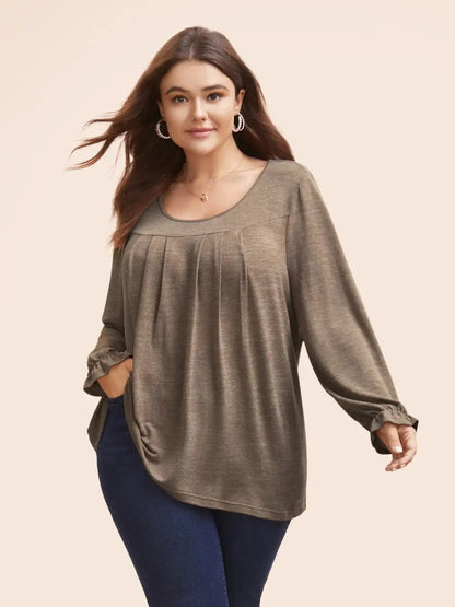 Round Neck Heather Pleated T-Shirt