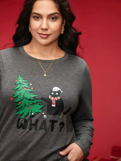 Festive Cat And Tree Printed Slim-Fit Tee
