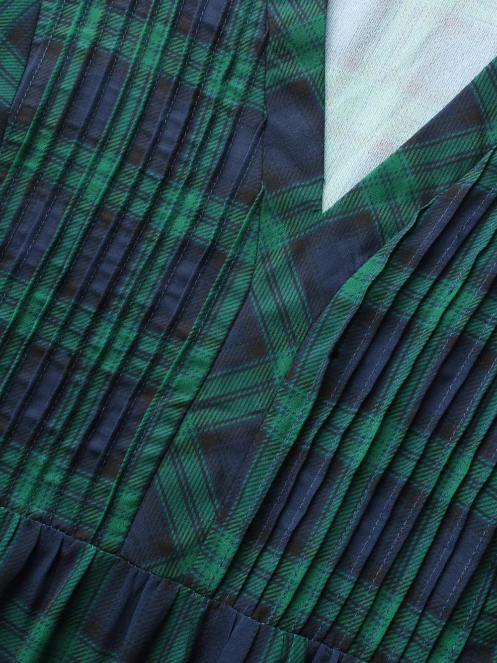 Notched Plaid Ruffles Pleated Blouse