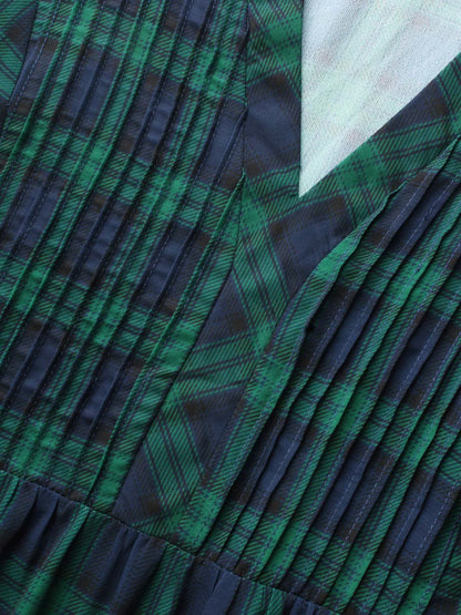 Notched Plaid Ruffles Pleated Blouse