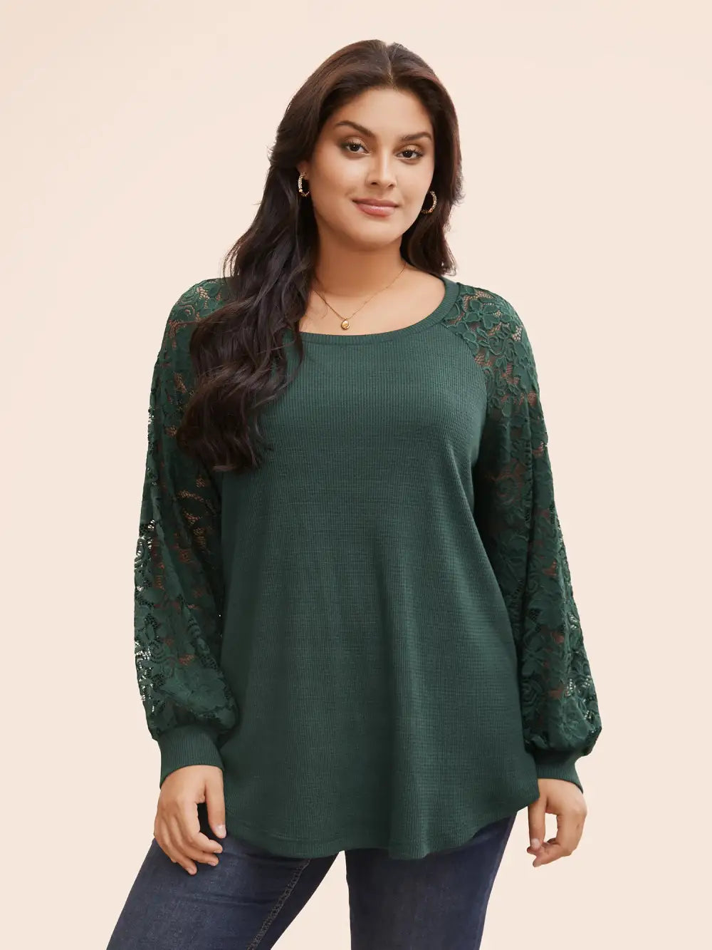 Plain Lace Panel Round Neck Raglan Sleeve T-Shirt