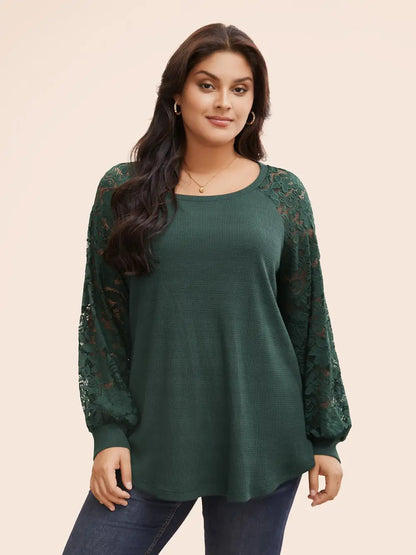 Plain Lace Panel Round Neck Raglan Sleeve T-Shirt
