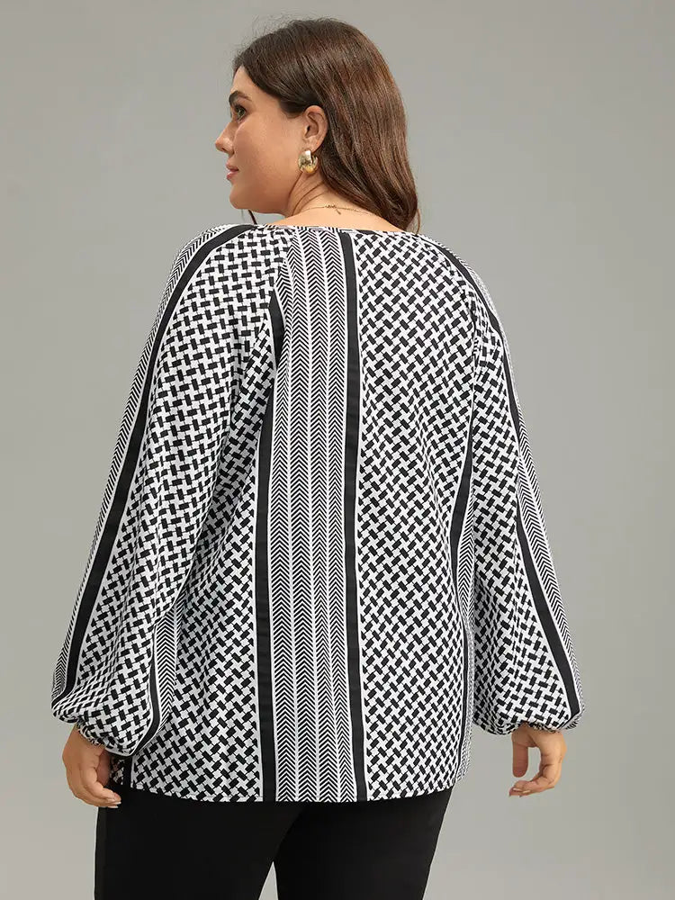 Geo Striped Tie Lantern Sleeve Blouse
