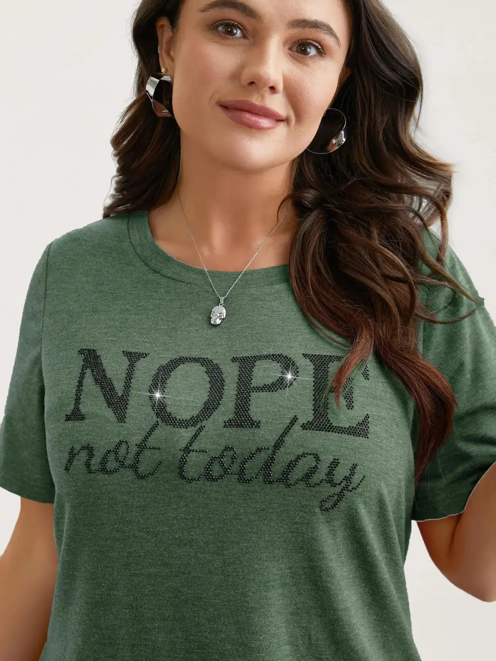 Nope Not Today Print Rhinestone Round Neck T-Shirt