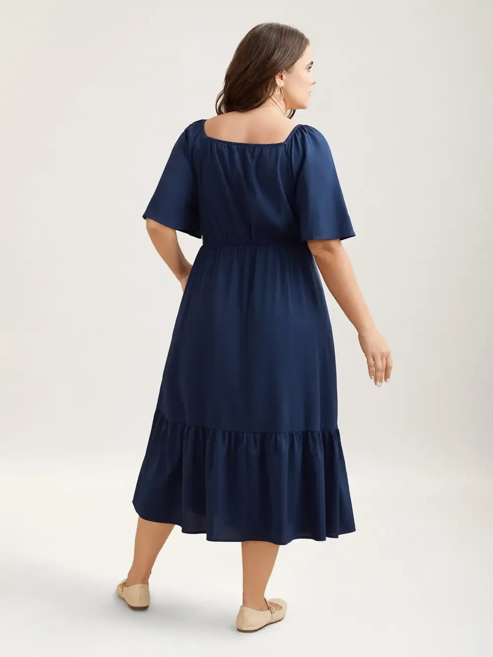 Textured Stretchy Waist Milkmaid Style Midi Dress