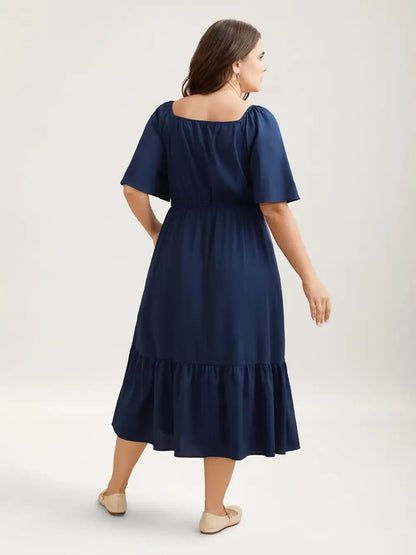 Textured Stretchy Waist Milkmaid Style Midi Dress