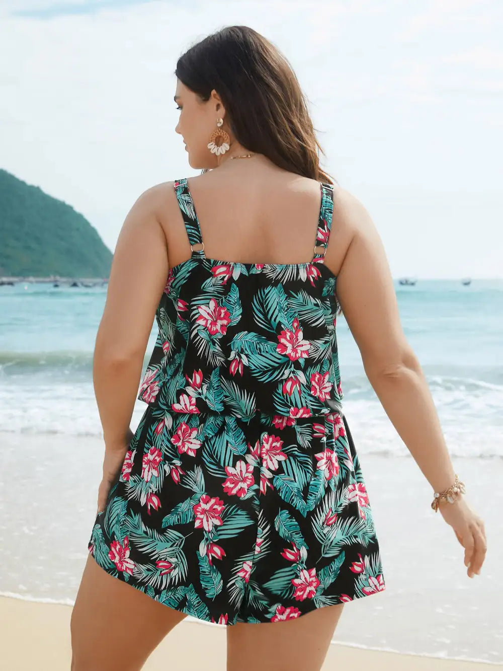 Tropical Flower Print Pockets One-Piece Swimsuit