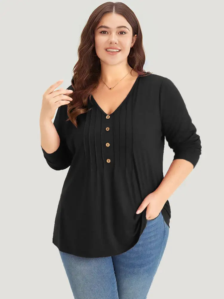 Plain V Neck Line Button Detail T-Shirt