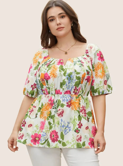 Floral Notched Collar Lantern Sleeve Blouse