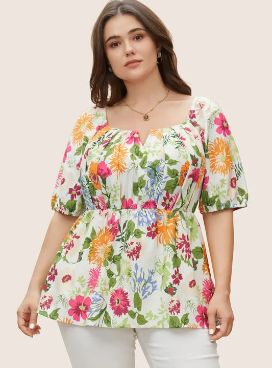 Floral Notched Collar Lantern Sleeve Blouse