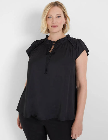 Flutter-Sleeve Woven Satin & Knit Top