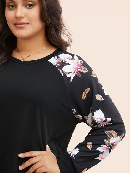 Floral Patchwork Crew Neck Raglan Sleeve Sweatshirt