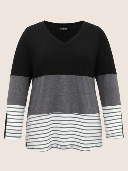 Colorblock Contrast Striped V Neck T-Shirt
