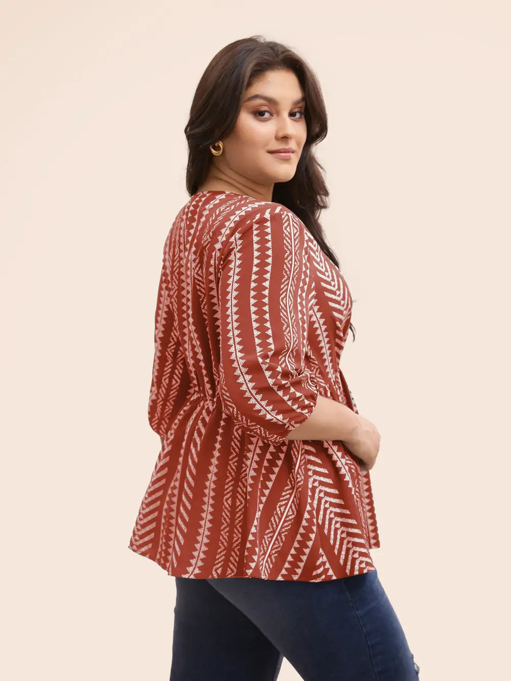 Bandana Geometric Lantern Sleeve Gathered Blouse