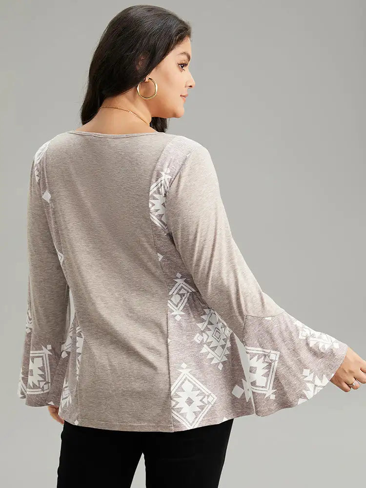 Floral Print Bell Sleeve V Neck T-Shirt