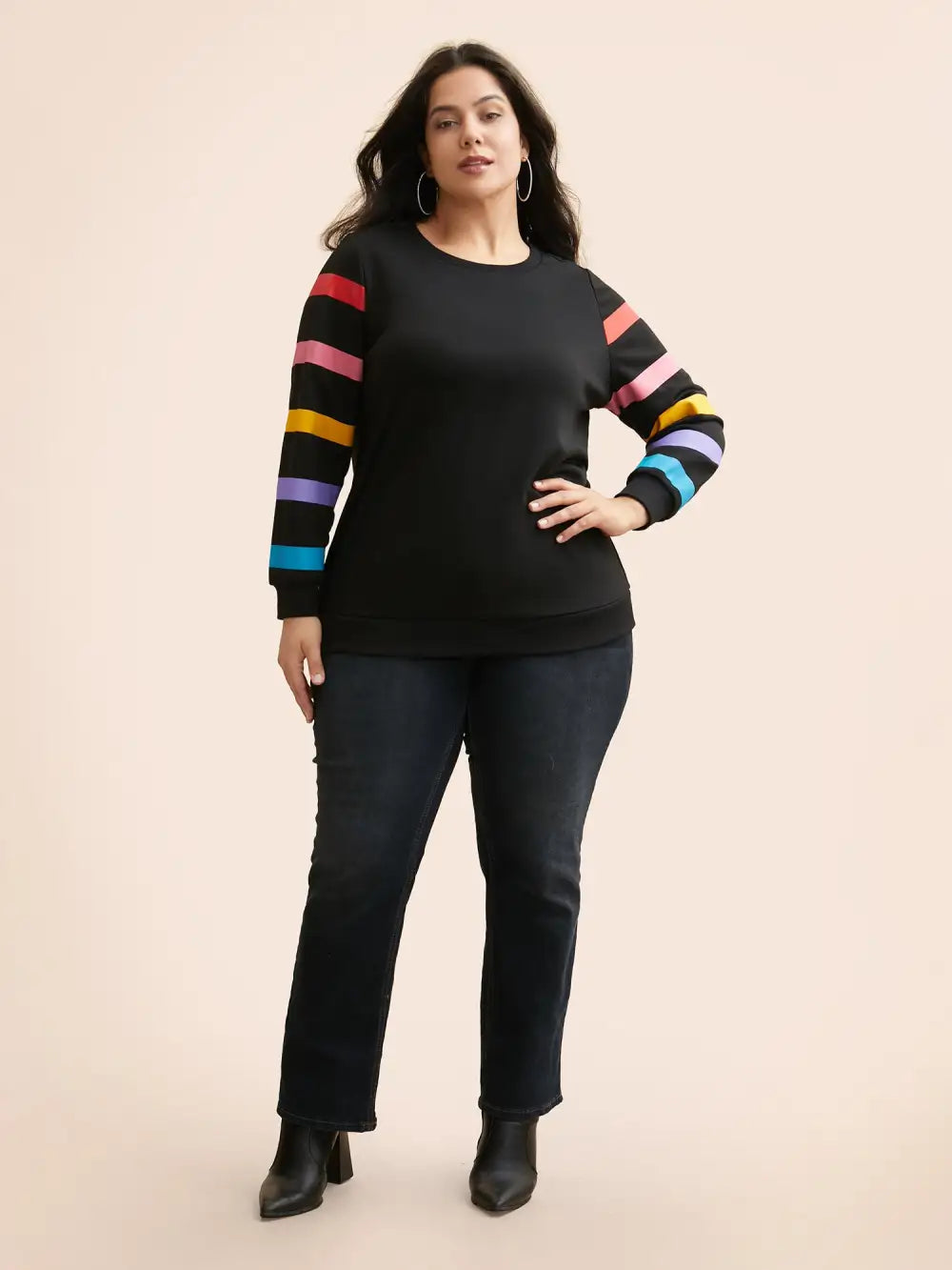 Colored Striped Patchwork Slightly Stretchy Sweatshirt